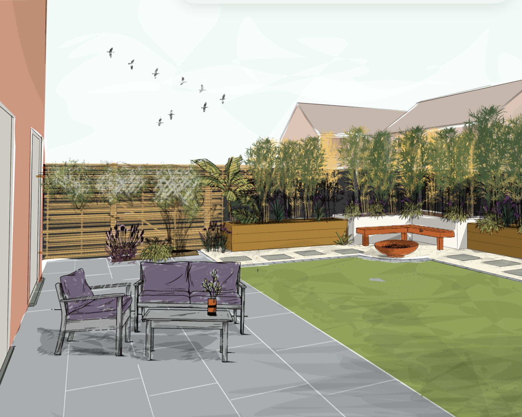 3D photorealistic garden design visualisation showing a porcelain terrace, lawn, raised planters and screening trees for a new-build garden in Hassocks, by Brunswick Landscapes